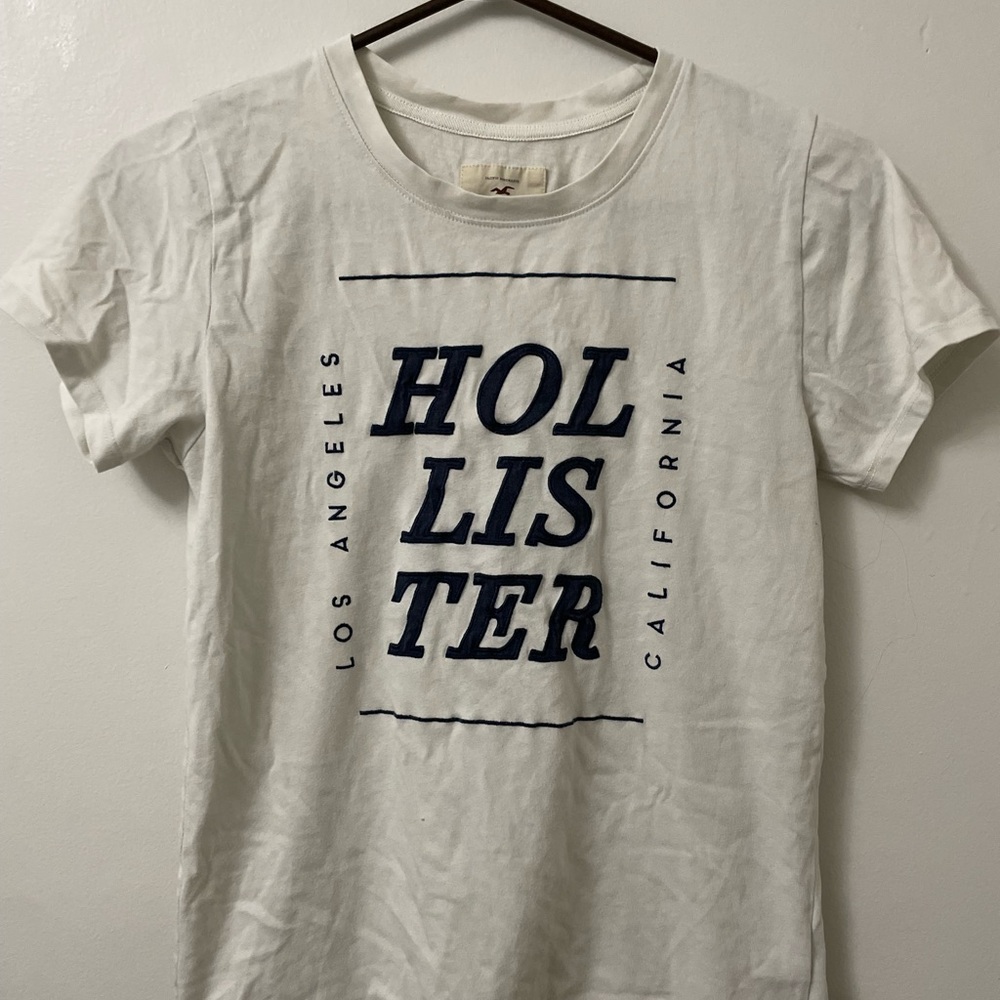 Hollister White Crewneck Tee with Navy Logo Print